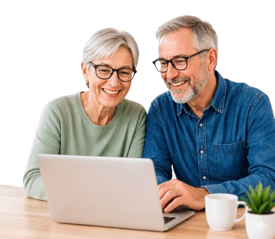 Couple de seniors actifs devant un ordinateur